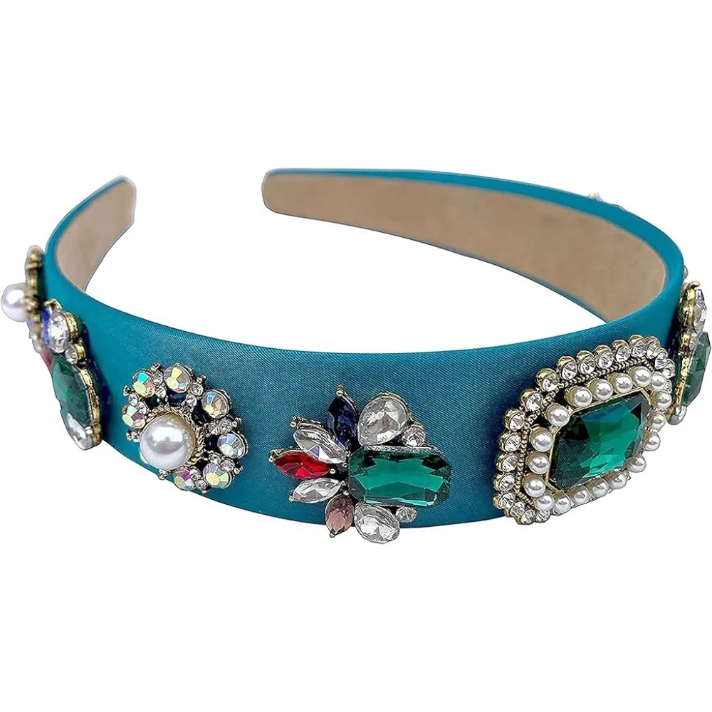 Emerald Crystal Pearl Satin Headband Blue Baroque Bridal Statement Hairband OS